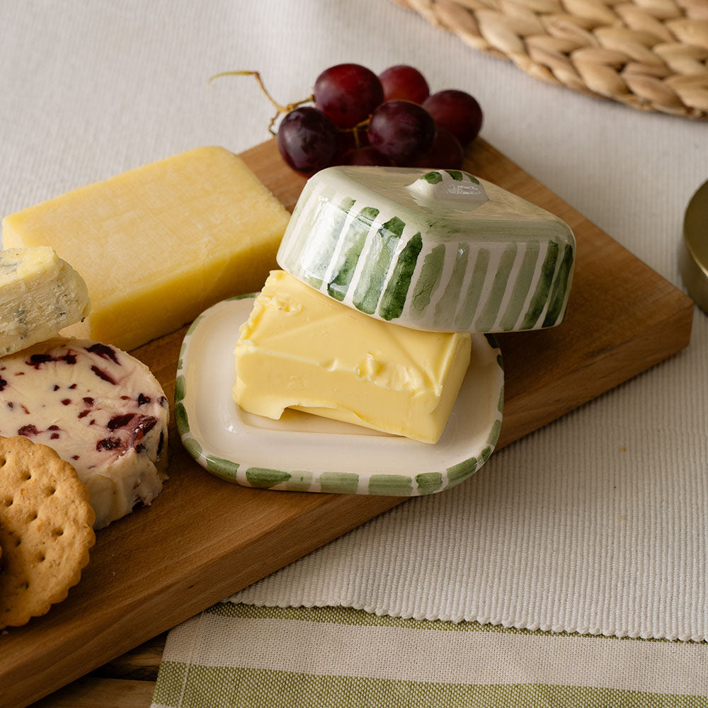 Green Stripe Mini Ceramic Butter Dish