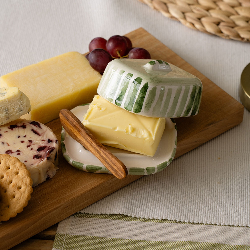 Green Stripe Mini Ceramic Butter Dish & Knife Set
