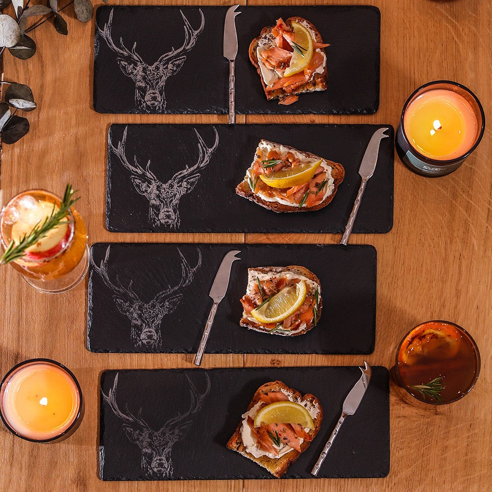 Stag Prince Mini Slate Cheese Board & Knives - Set of 4