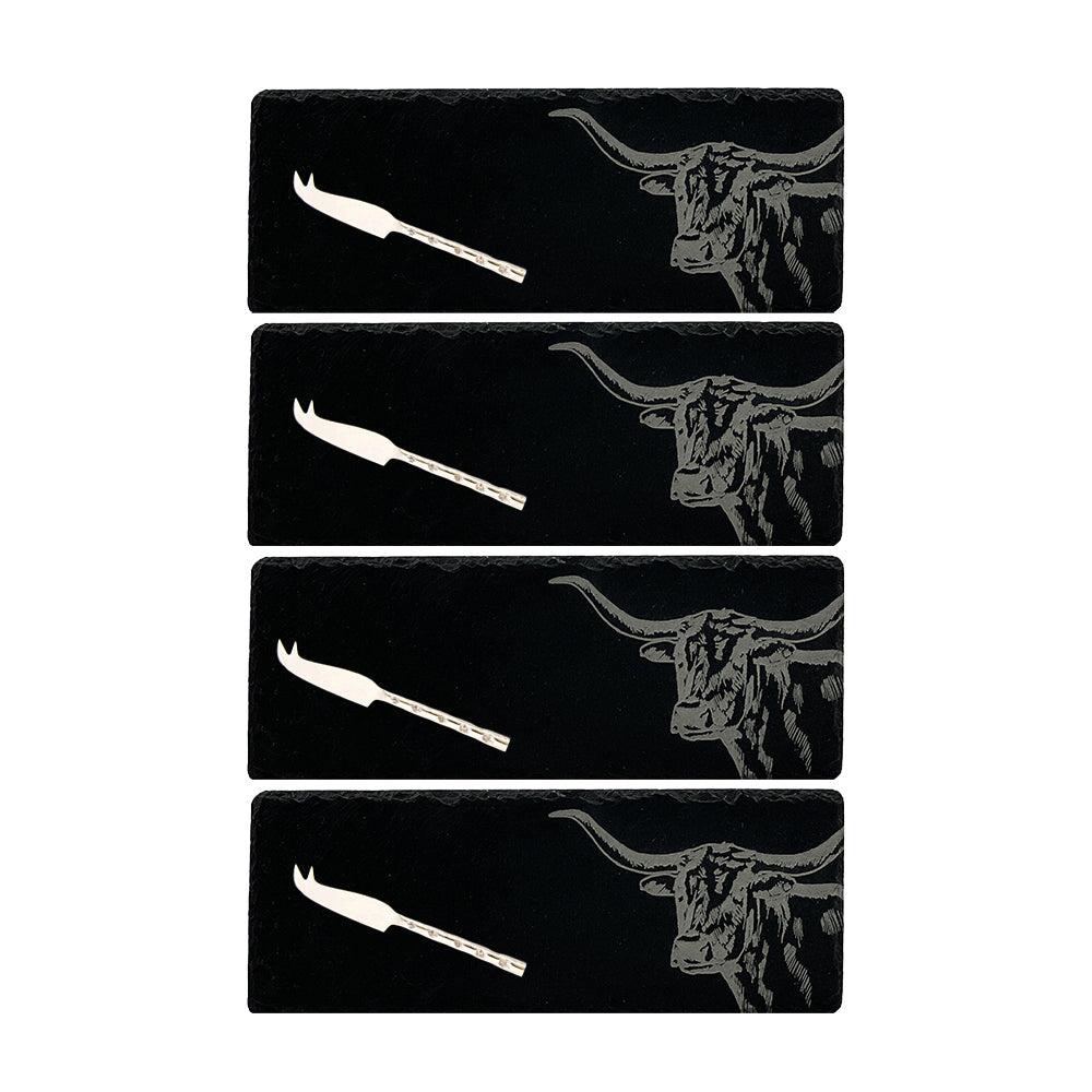 Texas Longhorn Mini Slate Cheese Board & Knife Sets - Set of 4
