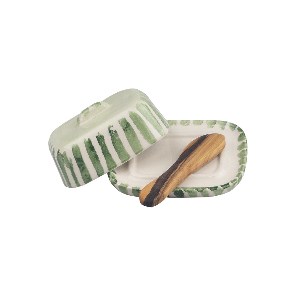 Green Stripe Mini Ceramic Butter Dish & Knife Set